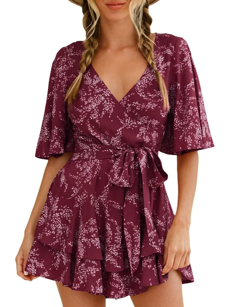Women's Wine Red Summer Sexy Short Flared Sleeves V Neck Floral Print Jumpsuit